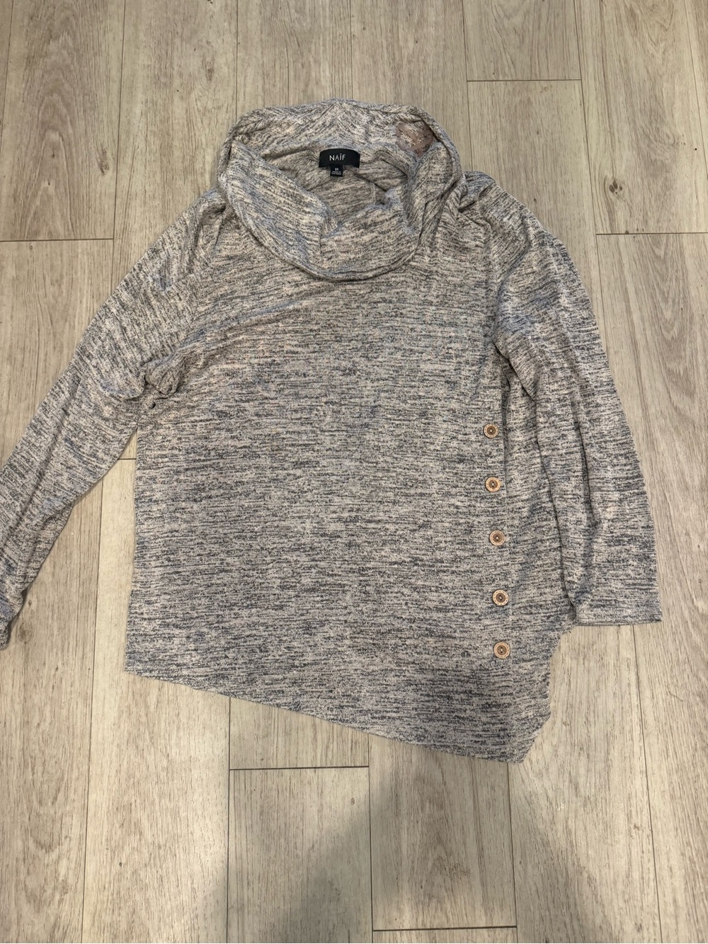 Naif Heathered Gray Cowl Neck Sweater with Side Buttons